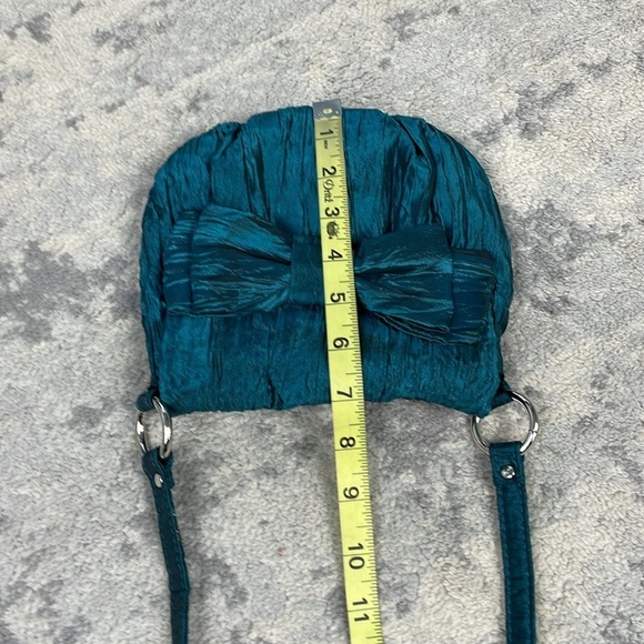 Fashion Express Shiny Crinkle Satin Bow Flap Small Evening Bag Crossbody Blue - Picture 7 of 10